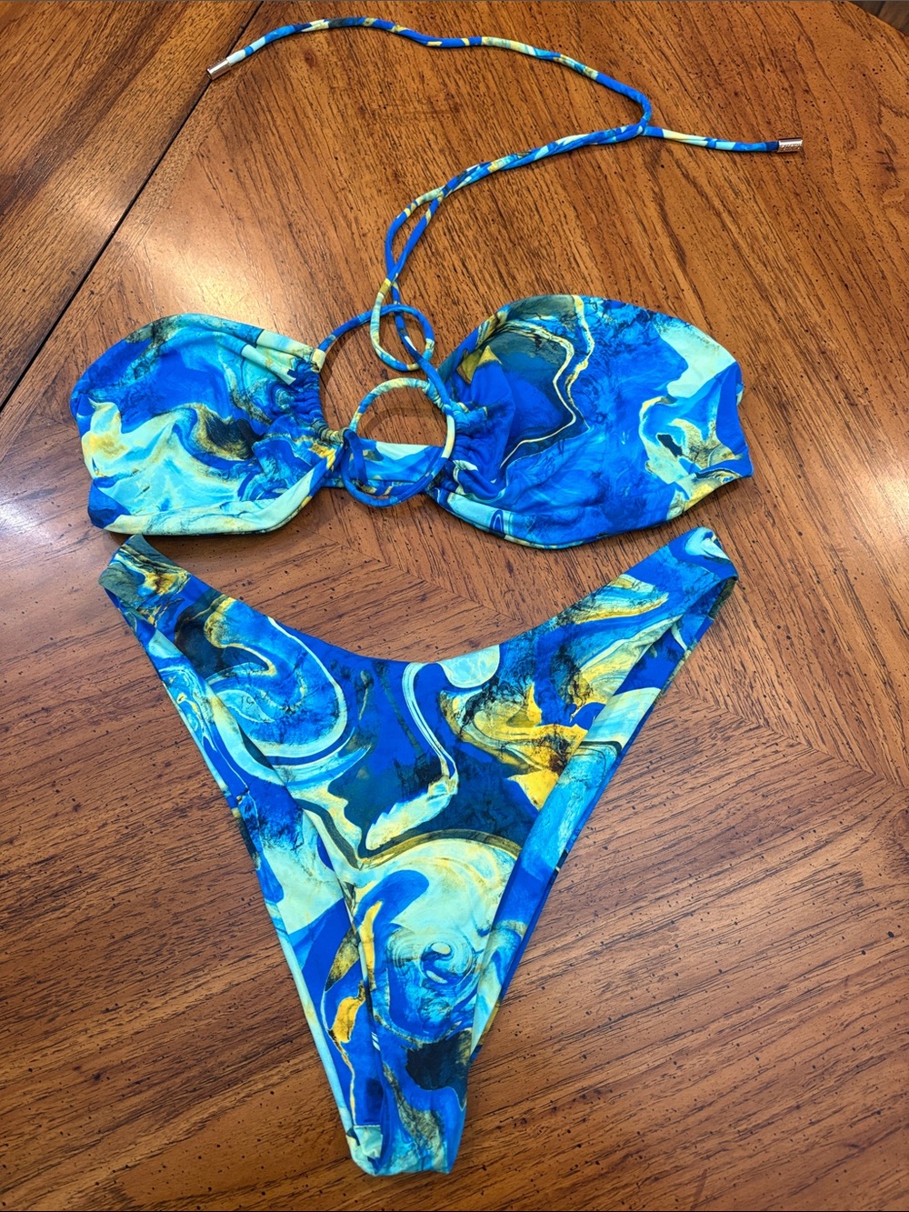 Blue Marble Print Bandeau Bikini Set with Center Ring